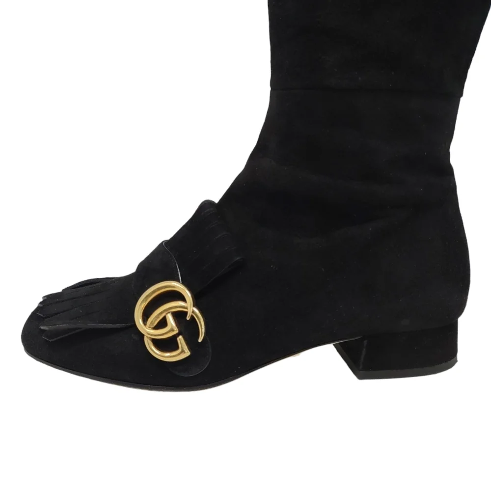 Gucci Size Marmont GG Fringe riding black suede tall boots logo size 36.5